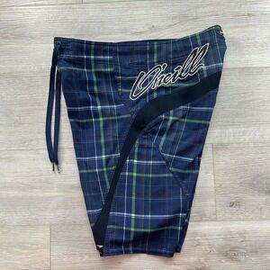 ONeill Superfreak Board Shorts Mens 32 Teal White Black Plaid Swim Trunks Pocket